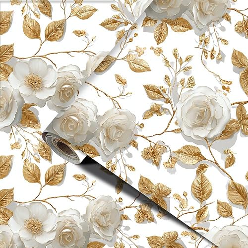 Gold and White Flower PVC Wallpaper Sticker 78.74x15.75 Inch Elegant Leaf and Blossom Design Self Adhesive Decorative Wallpaper Decal for Bedroom