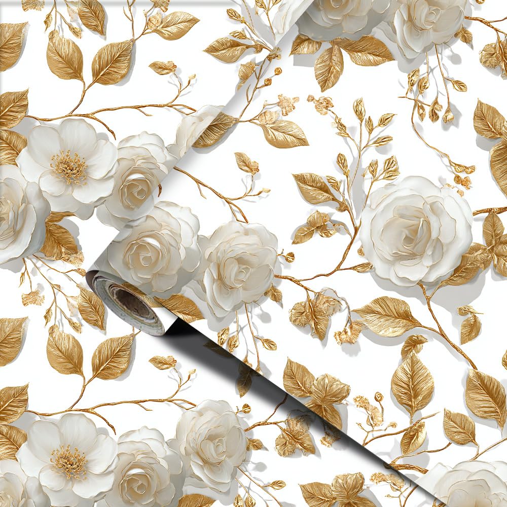 Elegant Floral Peel and Stick Wallpaper White Flower Gold Leaf Valentine Home Decor Valentine’s Day Contact Paper Self Adhesive Removable Vinyl Wall Covering for Bedroom Living Room 78.74 x 15.75 Inch