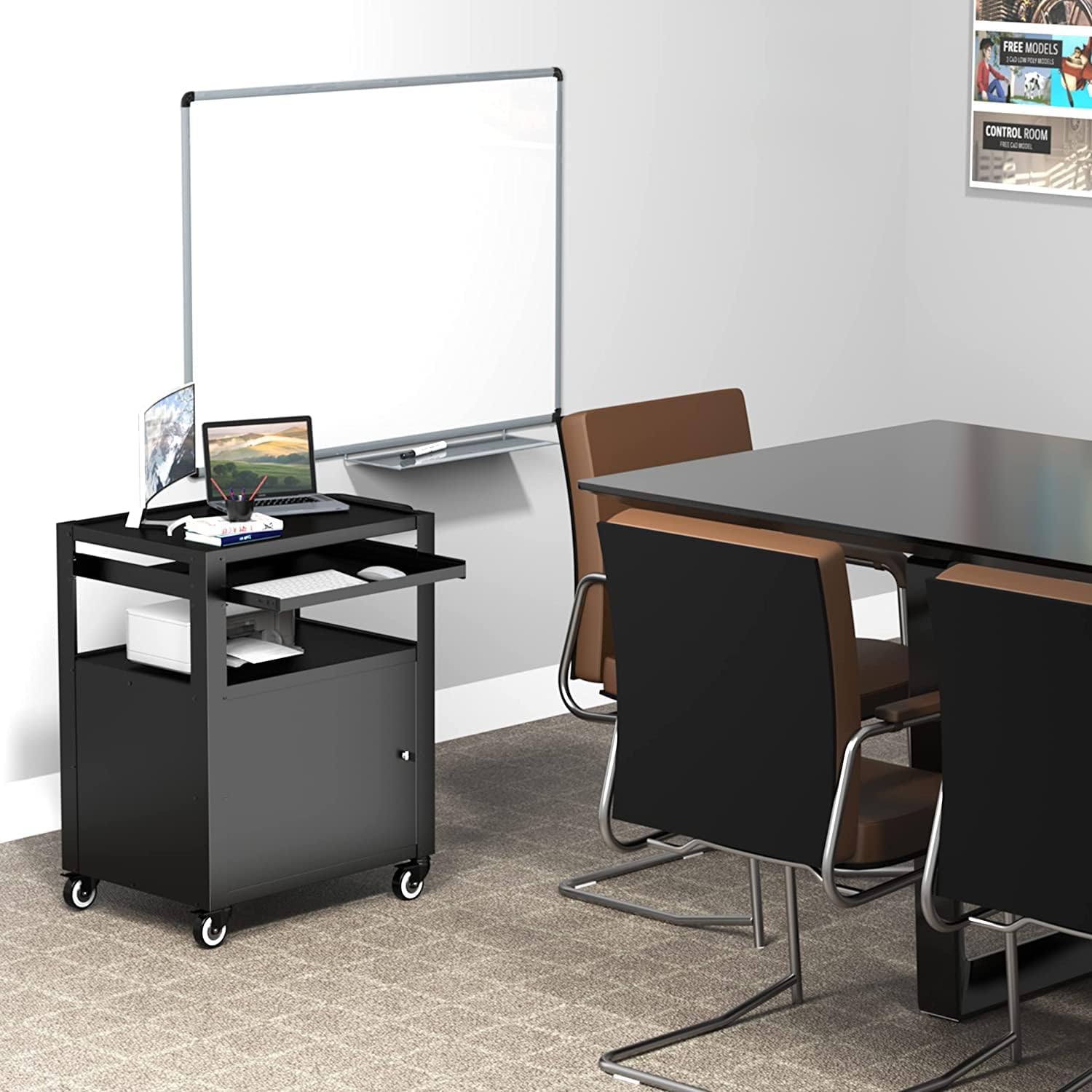 AV Cart with Keyboard Tary and Locking Cabinet Laptop Cart on Wheels Utility Carts and Pullout Tray - Max Capacity 350 lbs, 24.8''L x 18.1''W x 39.8''H