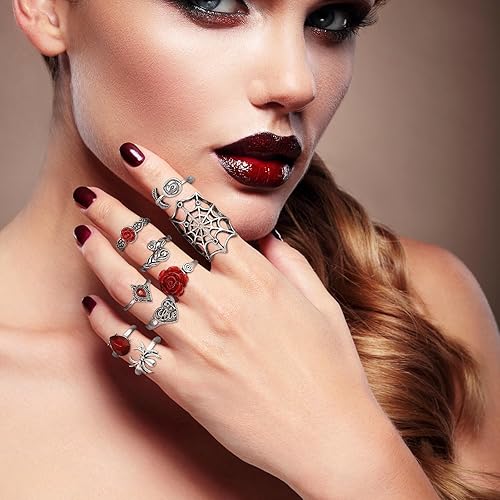 Miniatura 3 de Juego de anillos de nudillos góticos vintage para mujer, juego de anillos de diablo apilables punk, araña, serpiente, cráneo, murciélago, garra