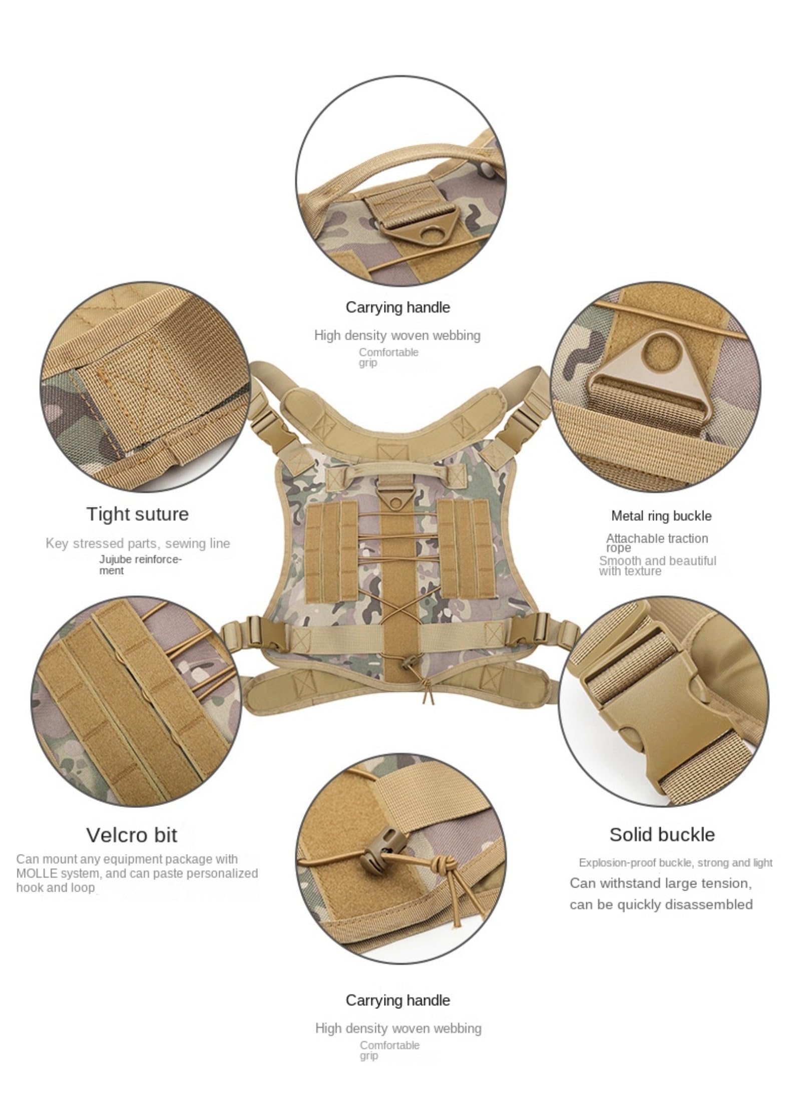 Pettorina Tattica for Cani, Mimetica, in Nylon, di Grandi Dimensioni, Regolabile, Anti-tiro, con Pannelli Molle e Loop /1057(Khaki Color,XL)