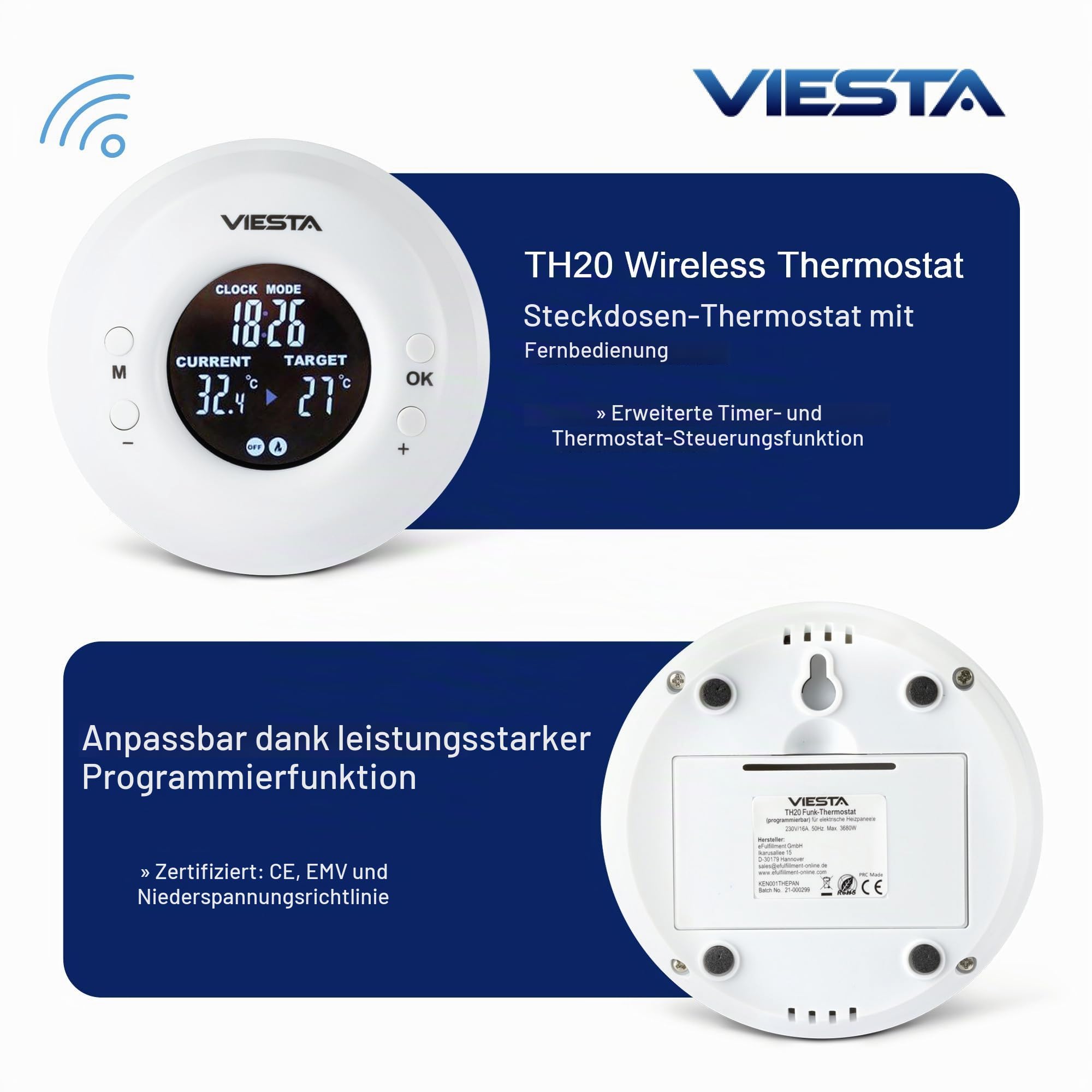 TH20 Funk-Steckdosenthermostat – Digital Programmierbar mit 2.4 GHz Funksteuerung & Fernbedienung, Wochenprogramm & Timer, Komfort-/Automatik-/Manuell-Modi, Frostschutz & EEPROM 230 V /16 A / 3600 W