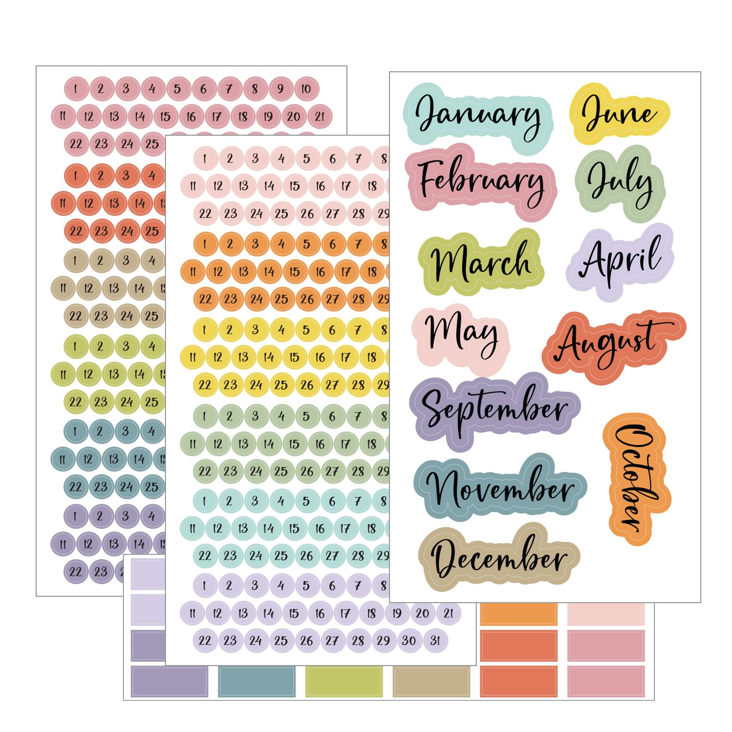 Planner Stickers Set – Date Dots, Months & Color Blocking | 12 Months, 744 Small Number (0.30”), Color Labels, Waterproof, Removable, Decorative Planner (Sun & Bloom)