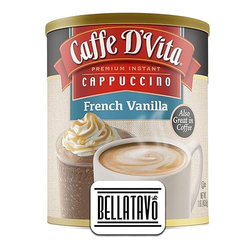 Paquete de mezcla de capuchino de vainilla francesa. Incluye una lata de 1 libra de capuchino de vainilla francesa Caffe D'Vita y un imán de nevera