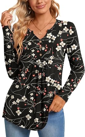 CATHY Womens Long Sleeve Tops 2026 Fall Fashion Henley Shirts Dressy Casual Pleated Tunic V-neck Button Down Blouses