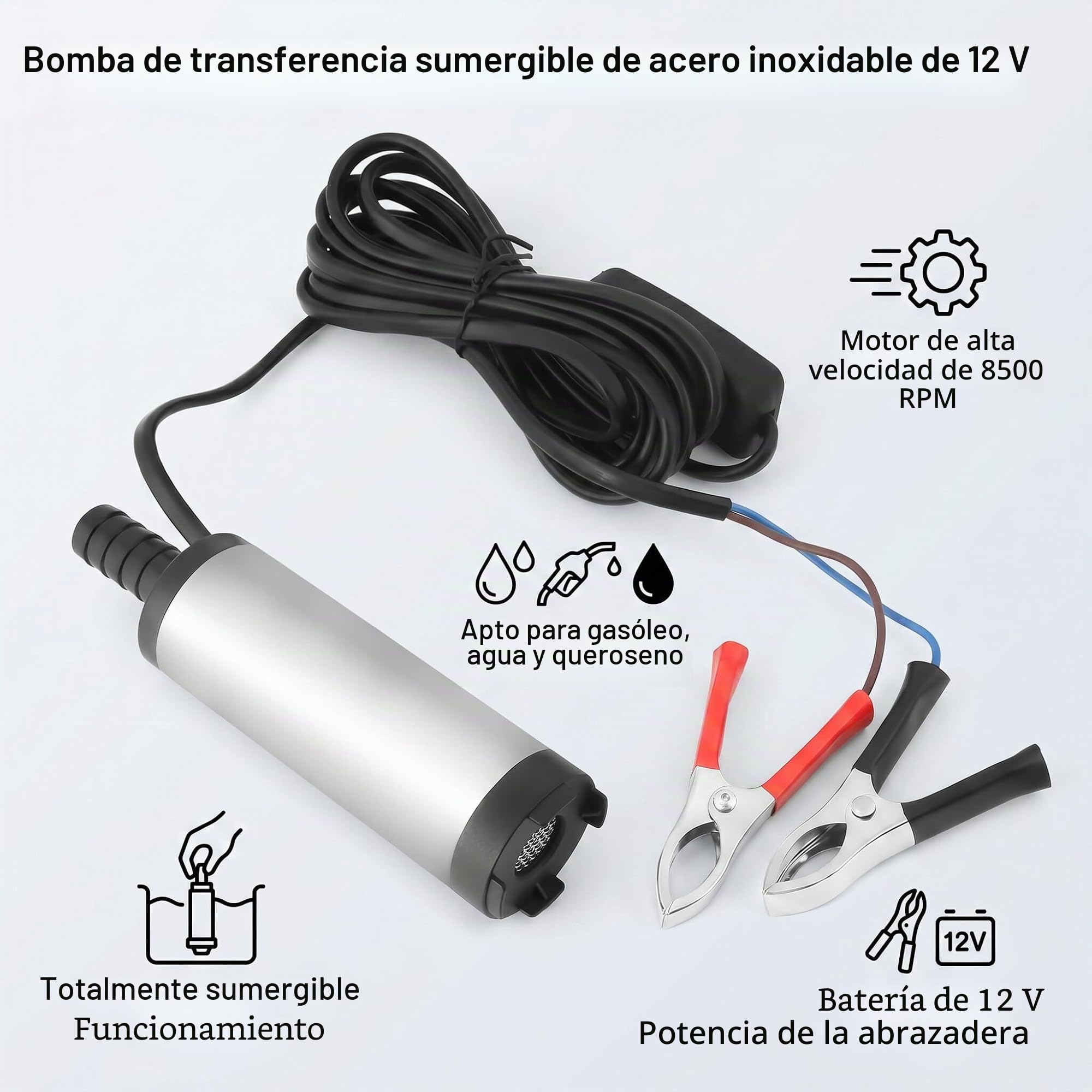 12V 3.8 cm 12L / min. Descarga de bomba sumergible de acero inoxidable Diesel Agua Keroseno Herramienta de reabastecimiento de combustible 8500r / m