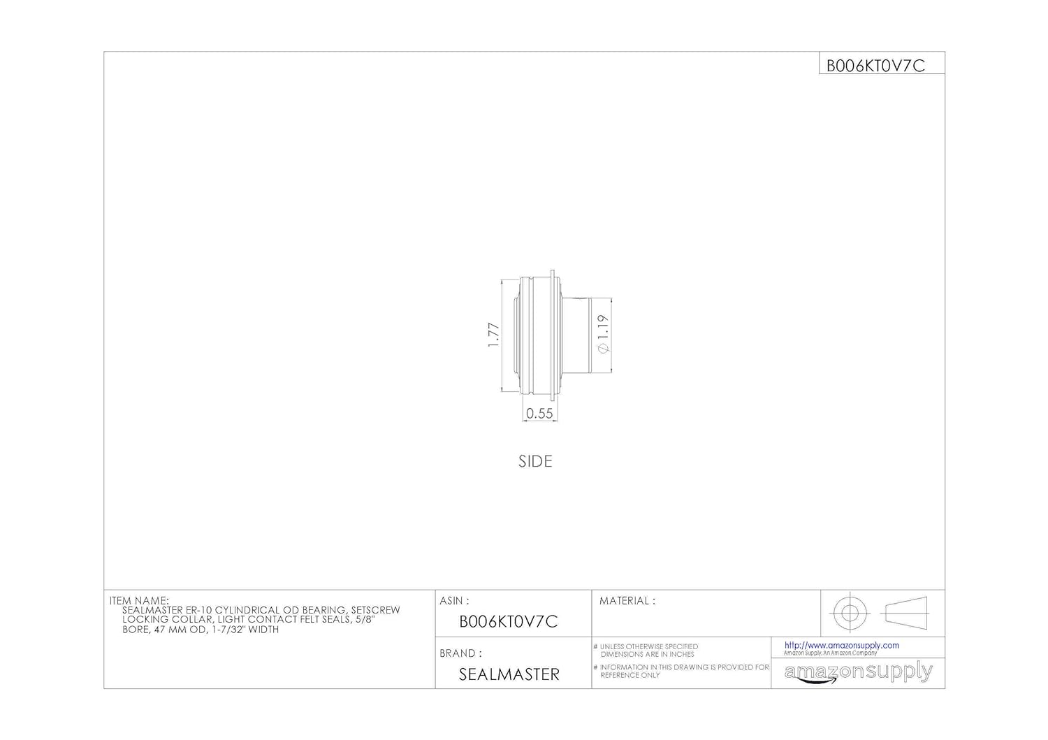 Sealmaster ER-10 Cylindrical OD Bearing, Setscrew Locking Collar, Light Contact Felt Seals, 5/8" Bore, 47 mm OD, 1-7/32" Width