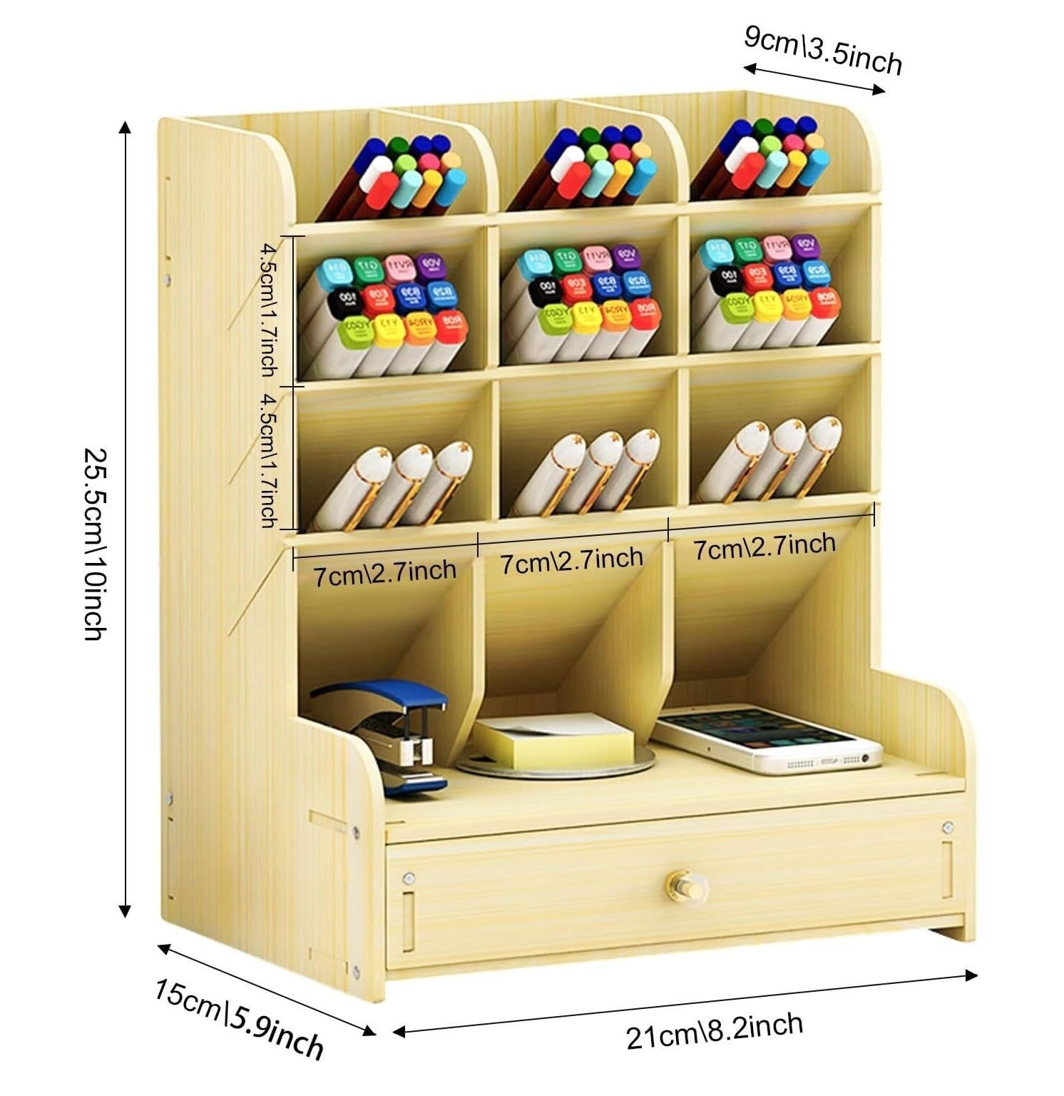 Organizzatore Scrivania Organizer da Scrivania in Legno con Cassetto Portapenne Multifunzionale Fai-da-Te per Ufficio(Natural,21 * 15 * 25.5cm)