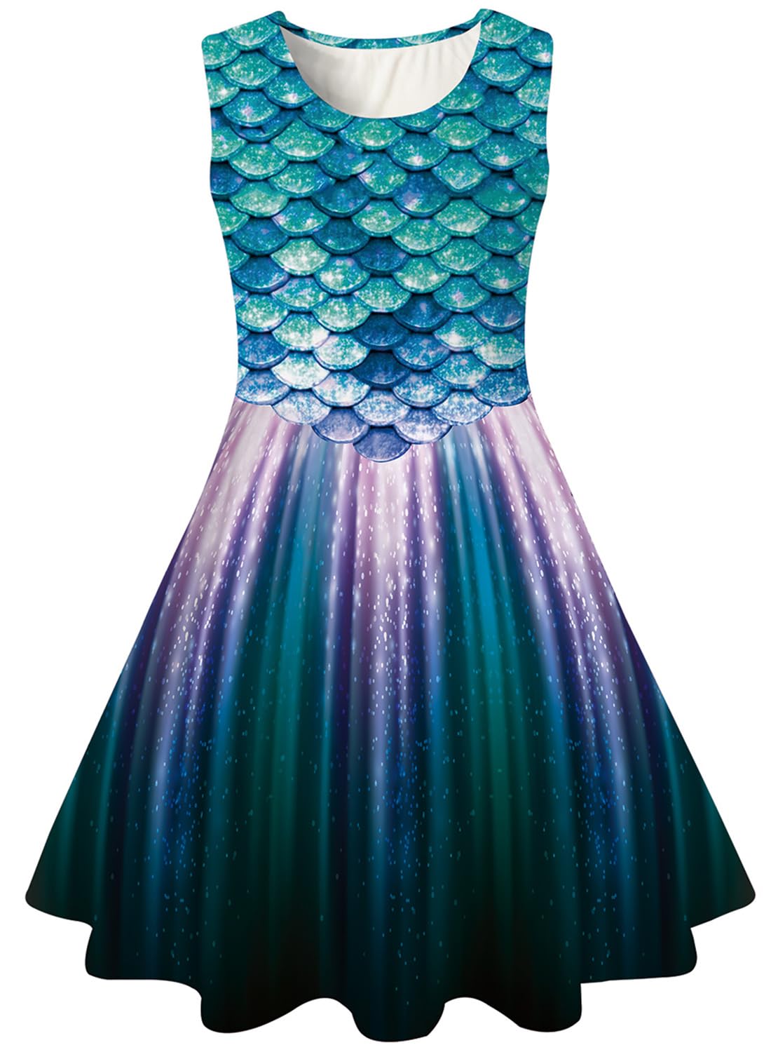 Kids4ever Vestidos para Niñas Vestido Sin Mangas con Estampado 3D Cuello Redondo Una Línea Vestido Plisado con Columpio Sirena Galaxia Fiesta Princesa Vestido De Cumpleaños 4-12 Años