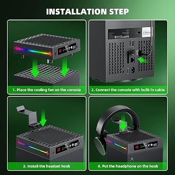Auto Cooling Fan for Xbox Series X with LED Temperature Display & 9 RGB Lighting Modes, Smart Thermally-Adjustable Cooling System for Xbox Series X, Separate Cooler&Light Switch, Headset Hook,USB Port