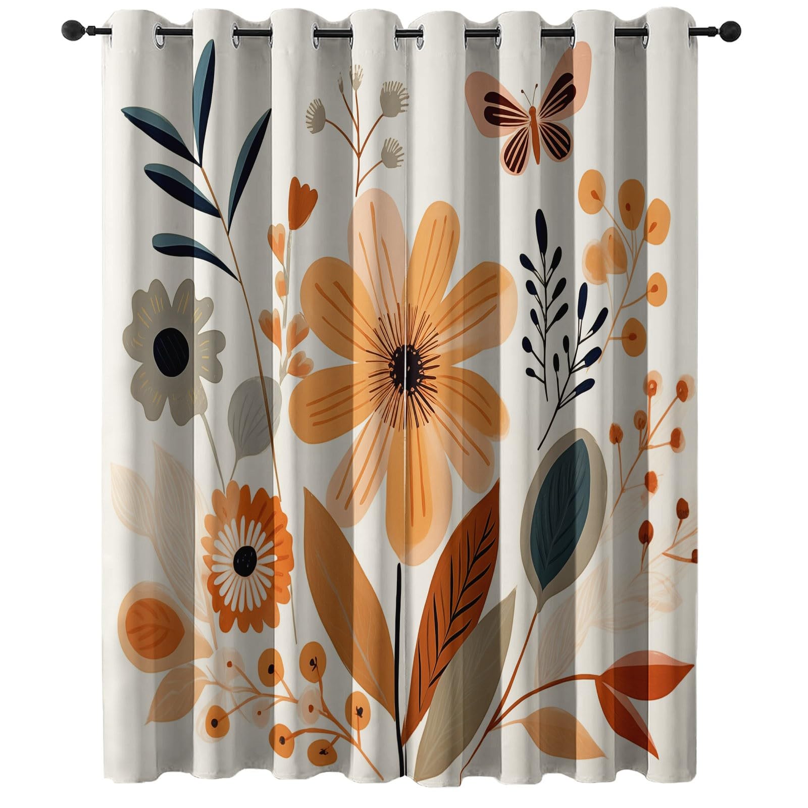 Rideau occultant isolant haut de gamme design fleurs et papillons beige orange à oeillets
