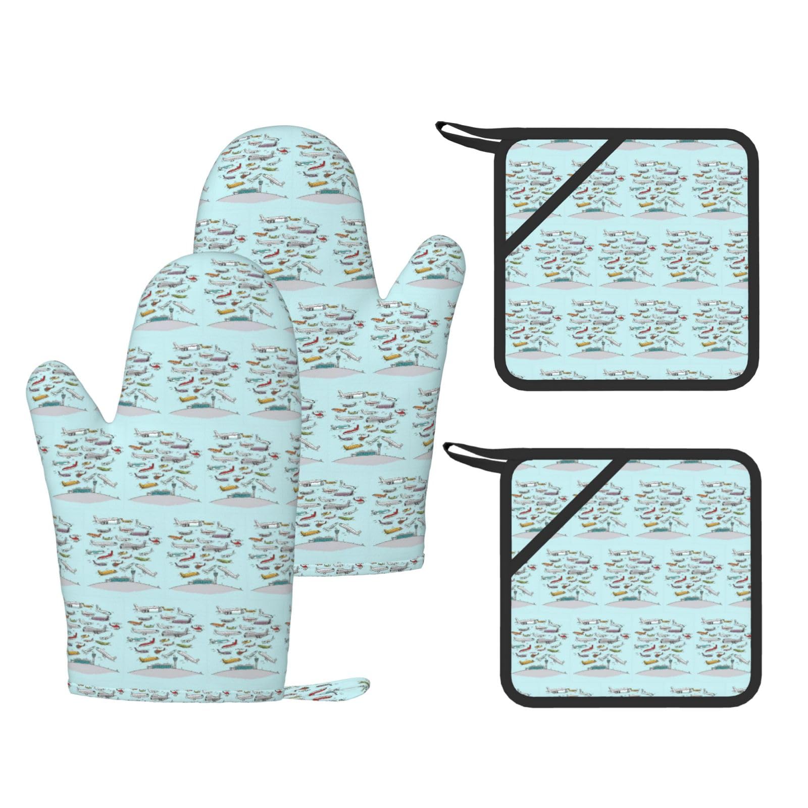 Cartoon Airplane Printed Potholder and Oven Mitt Set of 4, High Heat Resistant Cooking Gloves for BBQ Grilling