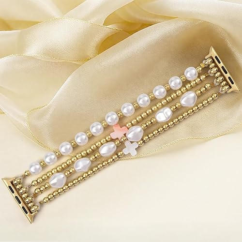 Miniatura 5 de Airspo Brazaletes de cuentas doradas, para Apple Watch Band de 1.49, 1.57, 1.61, 1.65, 1.73 y 1.77 pulgadas, correa elástica para iWatch Series 11,