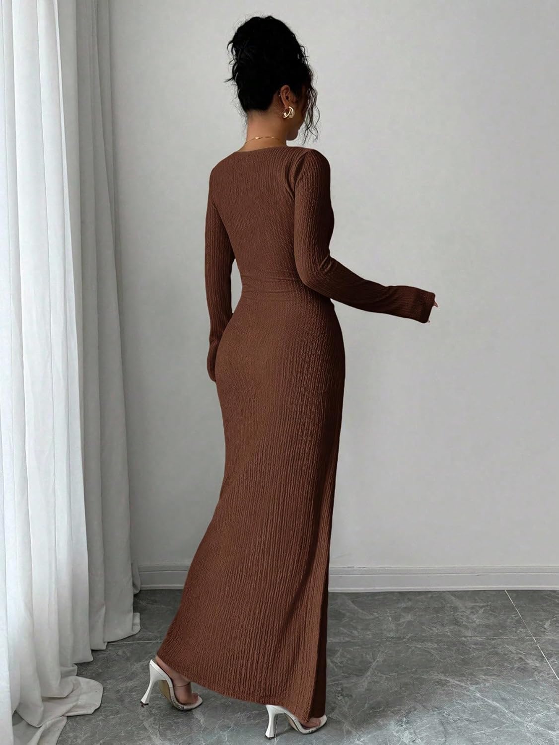 Women's Long Sleeve Maxi Bodycon Dresses Elegant Semi Formal Cocktail Knit Body Con Asymmetrical Weddding Guest - Image 2