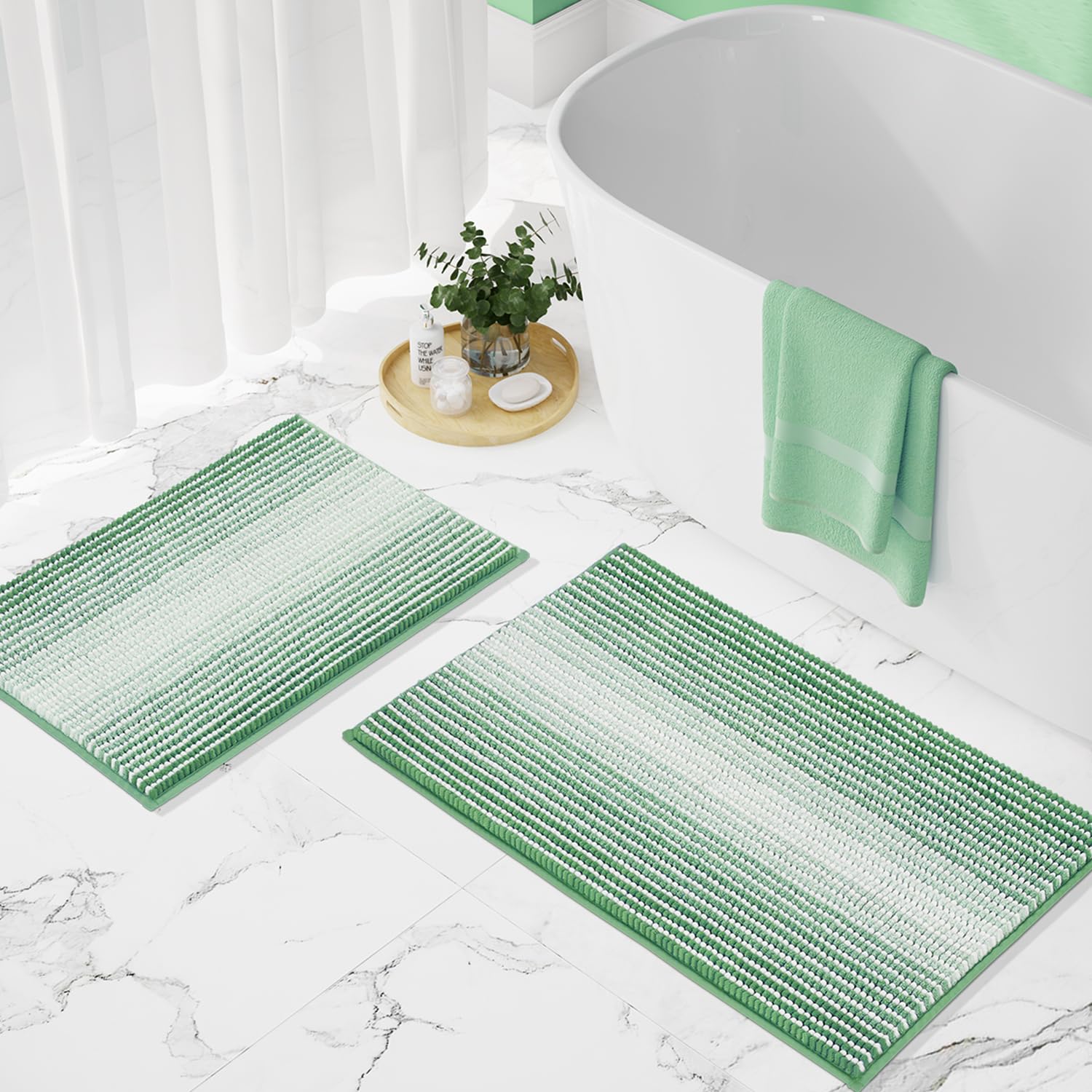 Bathroom Rugs and Mats Sets, 2 Piece Thick Absorbent Chenille Bath Mat Rug Set Non Slip, Soft Shaggy Bath Room Floor Mats for Bathroom, Machine Washable (20" x 32" Plus 16" x 24", Light Green)