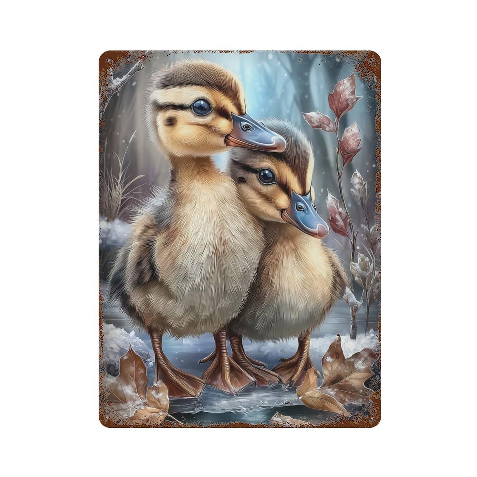 Decorative Tin Sign Two Ducklings in Winter Scene 15.7"x11.8", Vintage Wall Decor for Pub, Kitchen And Man Cave Decor