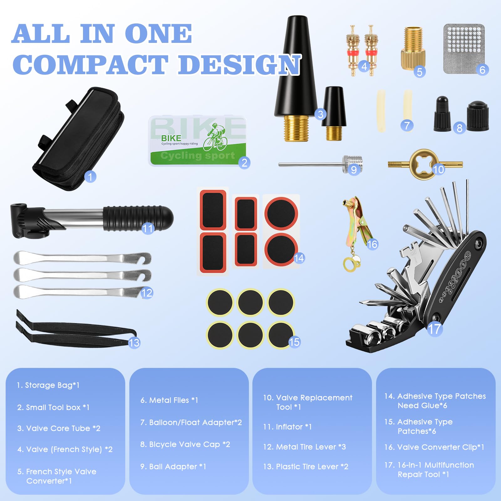 Ninonly 34PCs Kit Riparazione Bici con 120 PSI Pompa Kit Riparazione Pneumatici Bici con 16 in 1 Attrezzo Multifunzione Kit Riparazione Gomme Bici per l'uso in Situazioni di Emergenza Durante