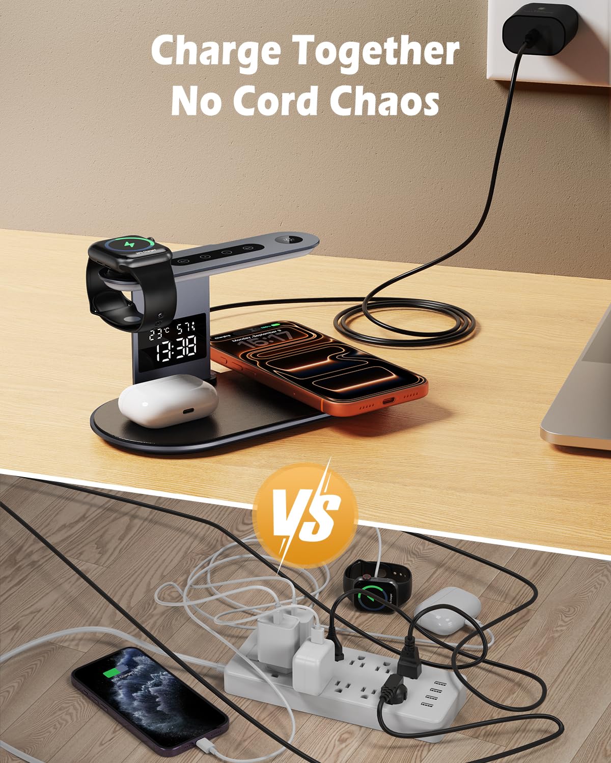 Stazione di ricarica wireless 3 in 1, supporto per caricabatterie rapido con adattatore QC 3.0, luce notturna a 3 livelli per smartphone, auricolari, smartwatch