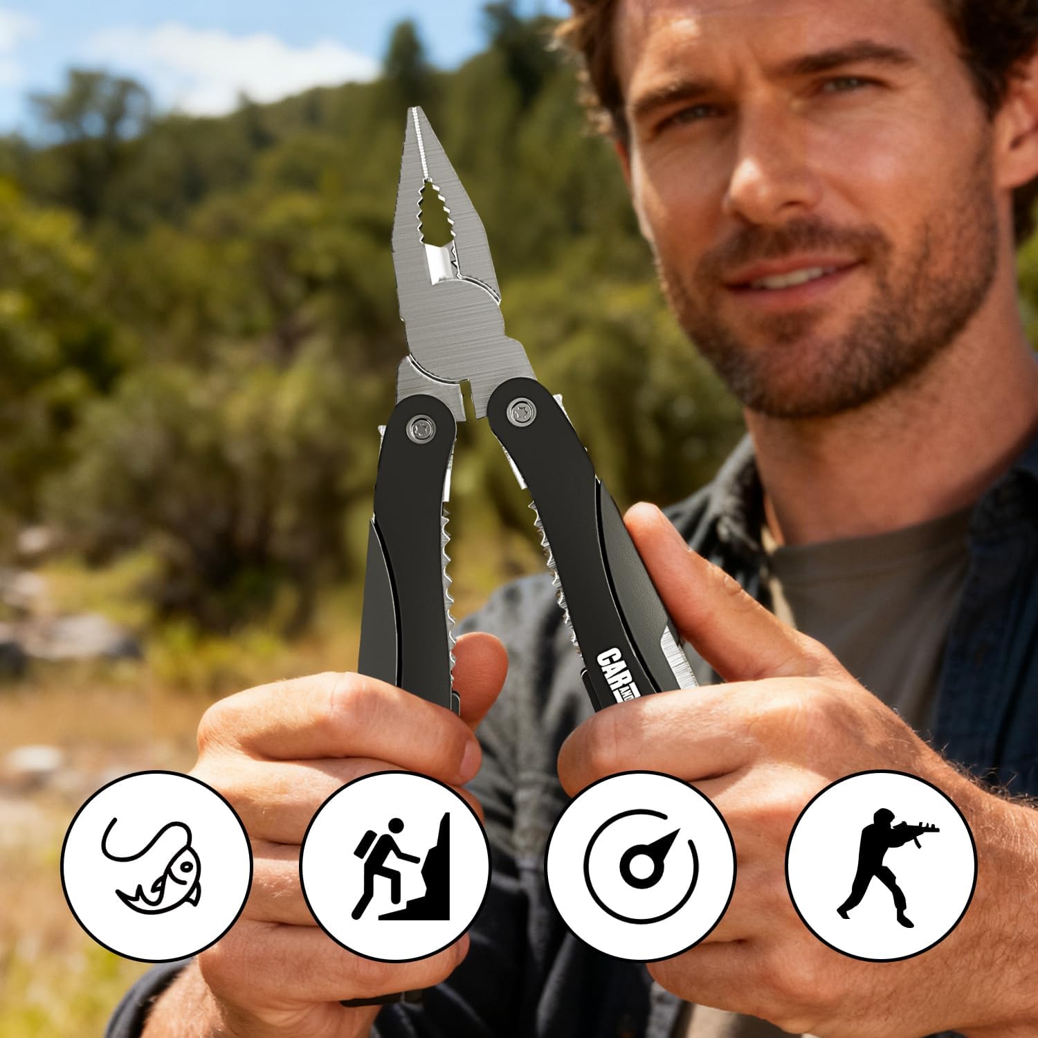Car and Driver CAD-KH1034 12-in-1 Multitool with LED Flashlight – Stainless Steel, USB Rechargeable, Compact Folding Pocket Tool with Pliers, Screwdrivers, Knife, Saw & More – Portable EDC Tool