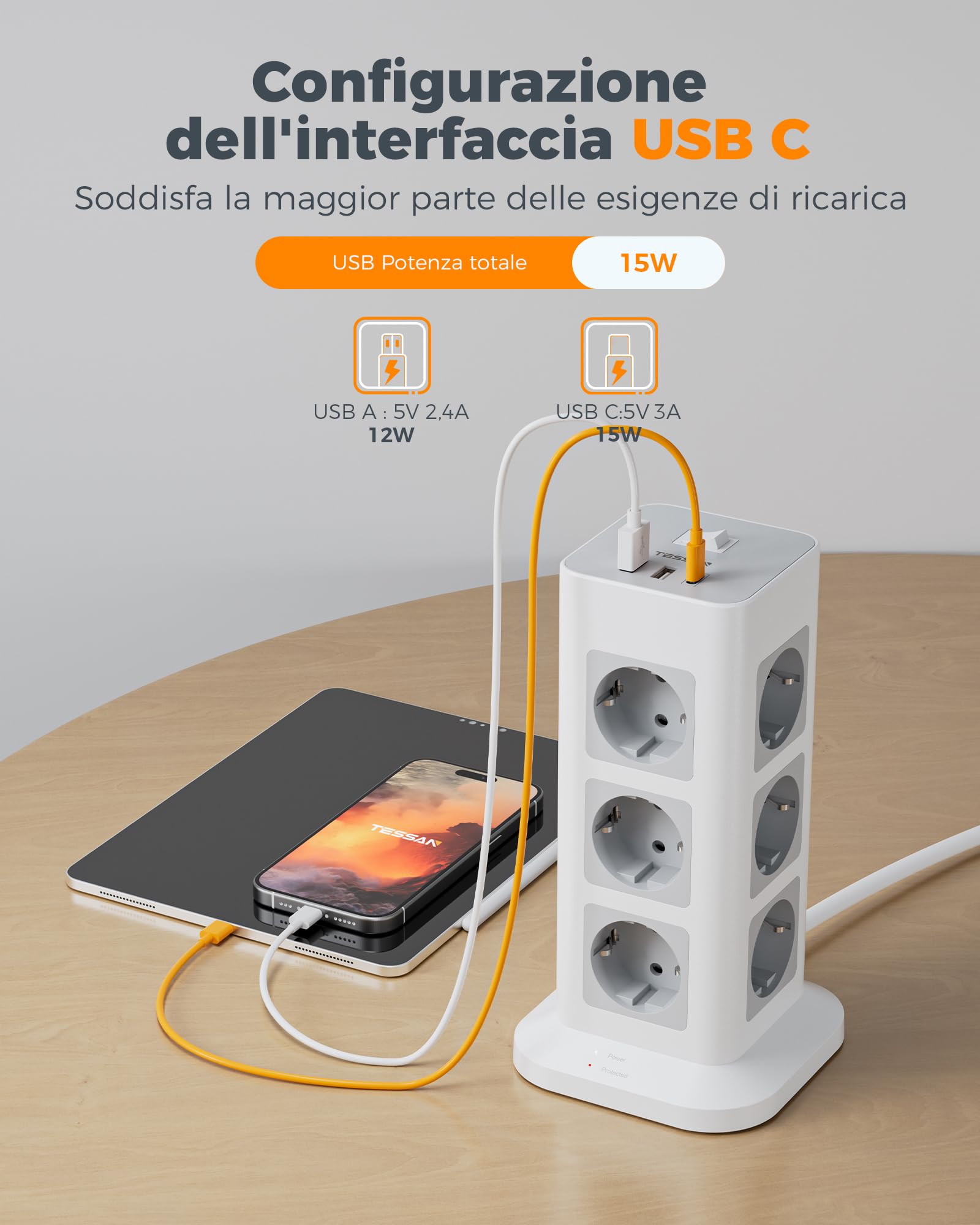 TESSAN 12 Prese Ciabatta Multipresa con USB, Multipresa Elettrica con Cavo 5M, Torretta Presa con USB C, Ciabatta Elettrica con Protezione Sovratensione