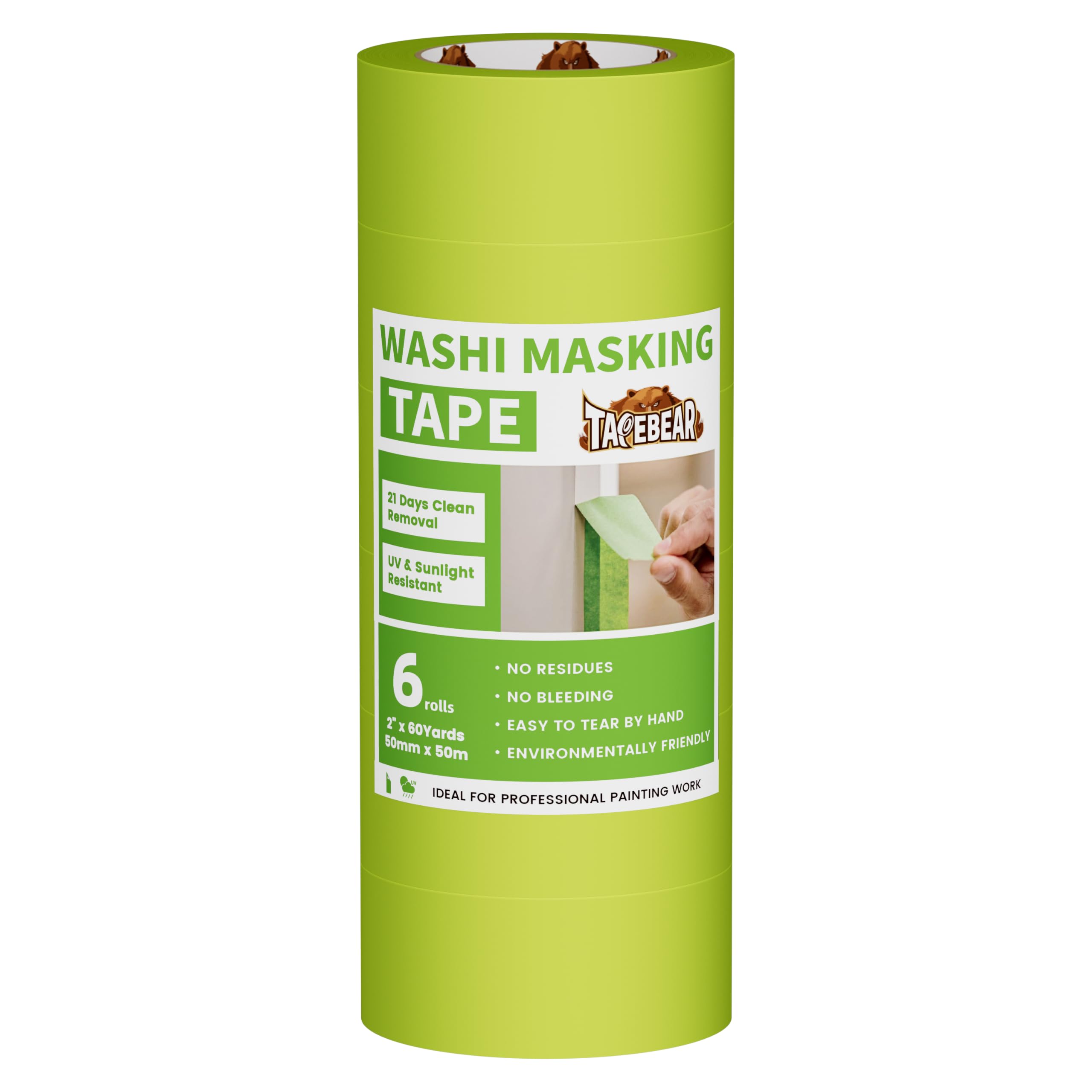TAPEBEAR Zielona taśma malarska 50 mm x 55 m, 6 rolek 21 dni, możliwość usunięcia bez pozostawiania śladów, taśma malarska, średnia przyczepność do wewnątrz i na zewnątrz, do malowania ścian i