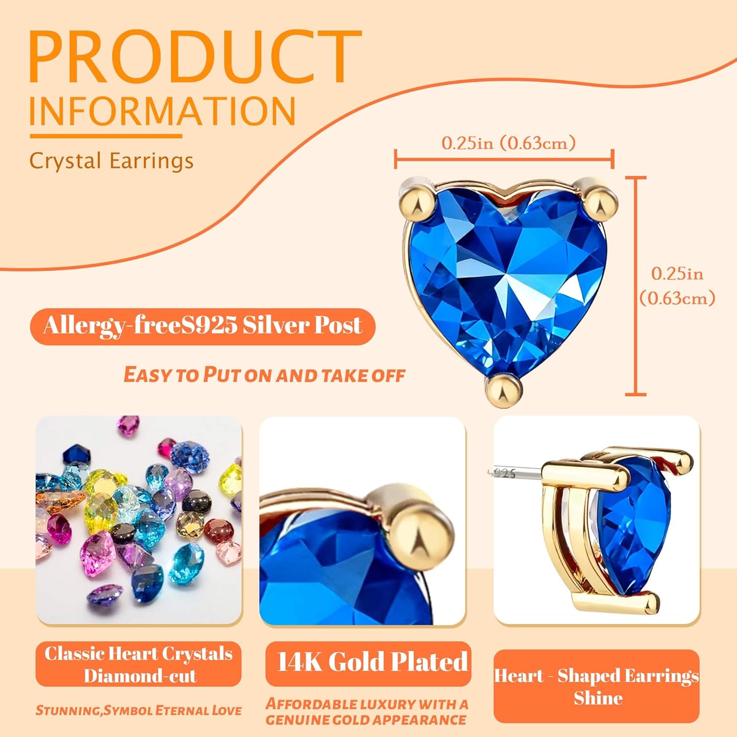 925 Sterling Silver post Crystal Heart Stud Earrings for Women Hypoallergenic 14K Gold Plated Gifts for Women - Image 4