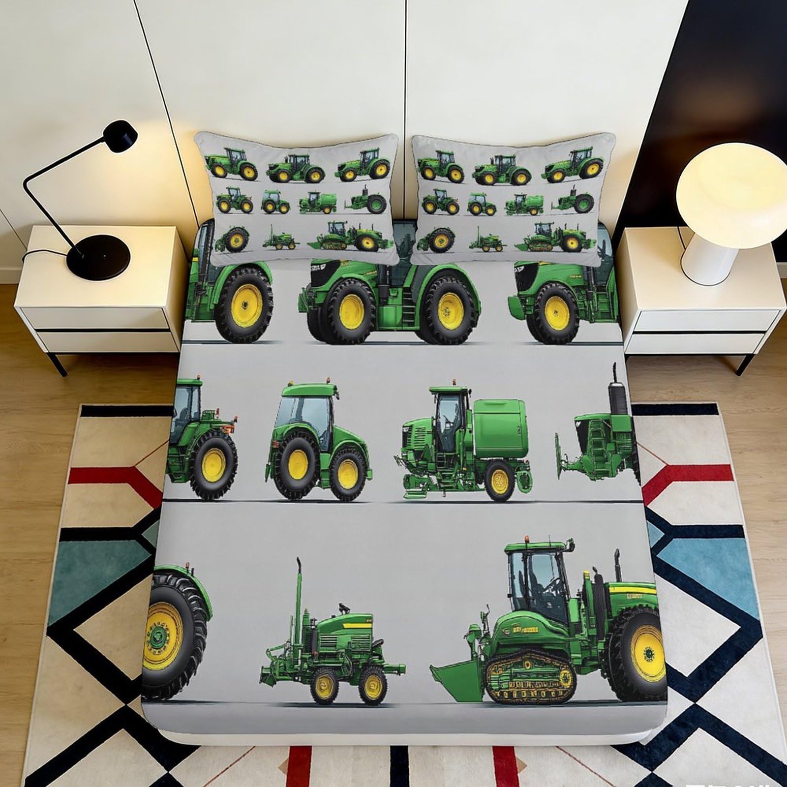 3D Printed Green Tractor Fitted Sheet Microfiber Soft Farm Machinery Bed Cover for Bedroom Guest Room Decor 90x200x25cm