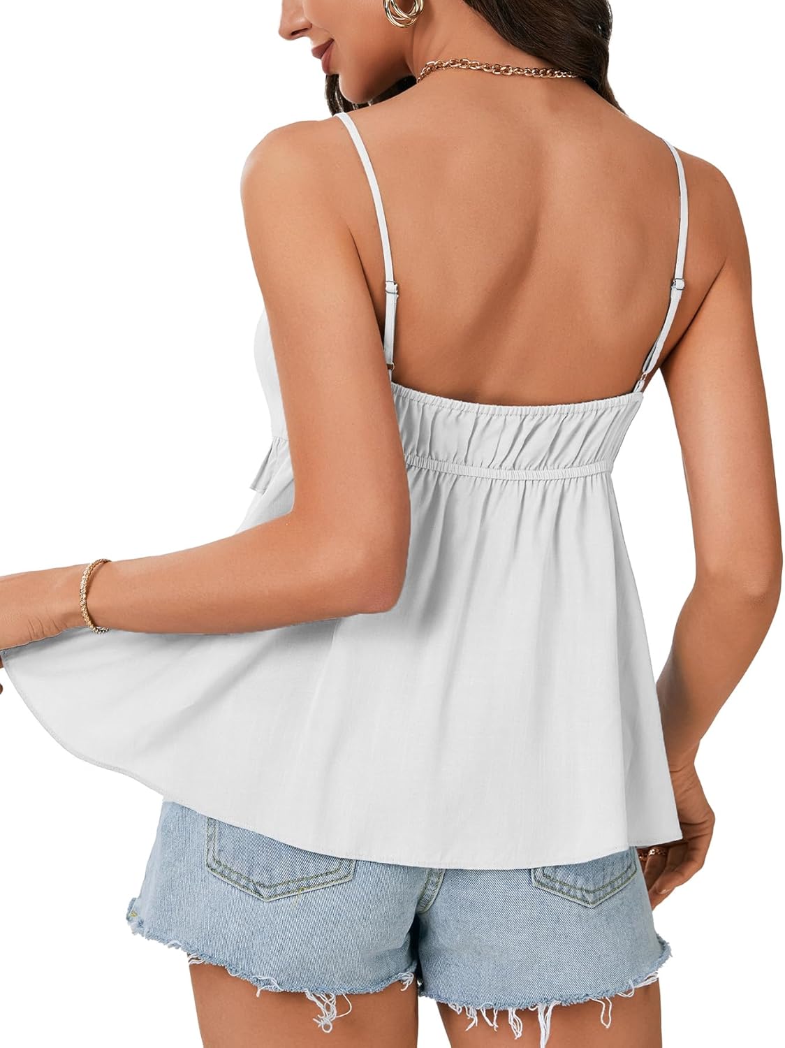 Rooscier Women's Spaghetti Strap Lace Trim Deep V Neck Cami Sexy Babydoll Sleeveless Peplum Top White Medium - Image 5