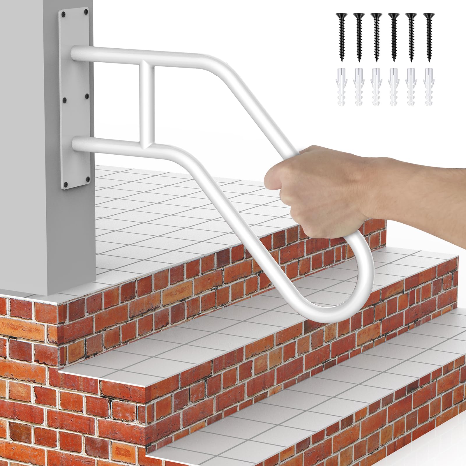 White Powder Coat Finished Wall Mount Handrail for Indoor & Outdoor Steps & Stairs - Suitable for Gardens, Courtyards & Garages - 1-3 Steps
