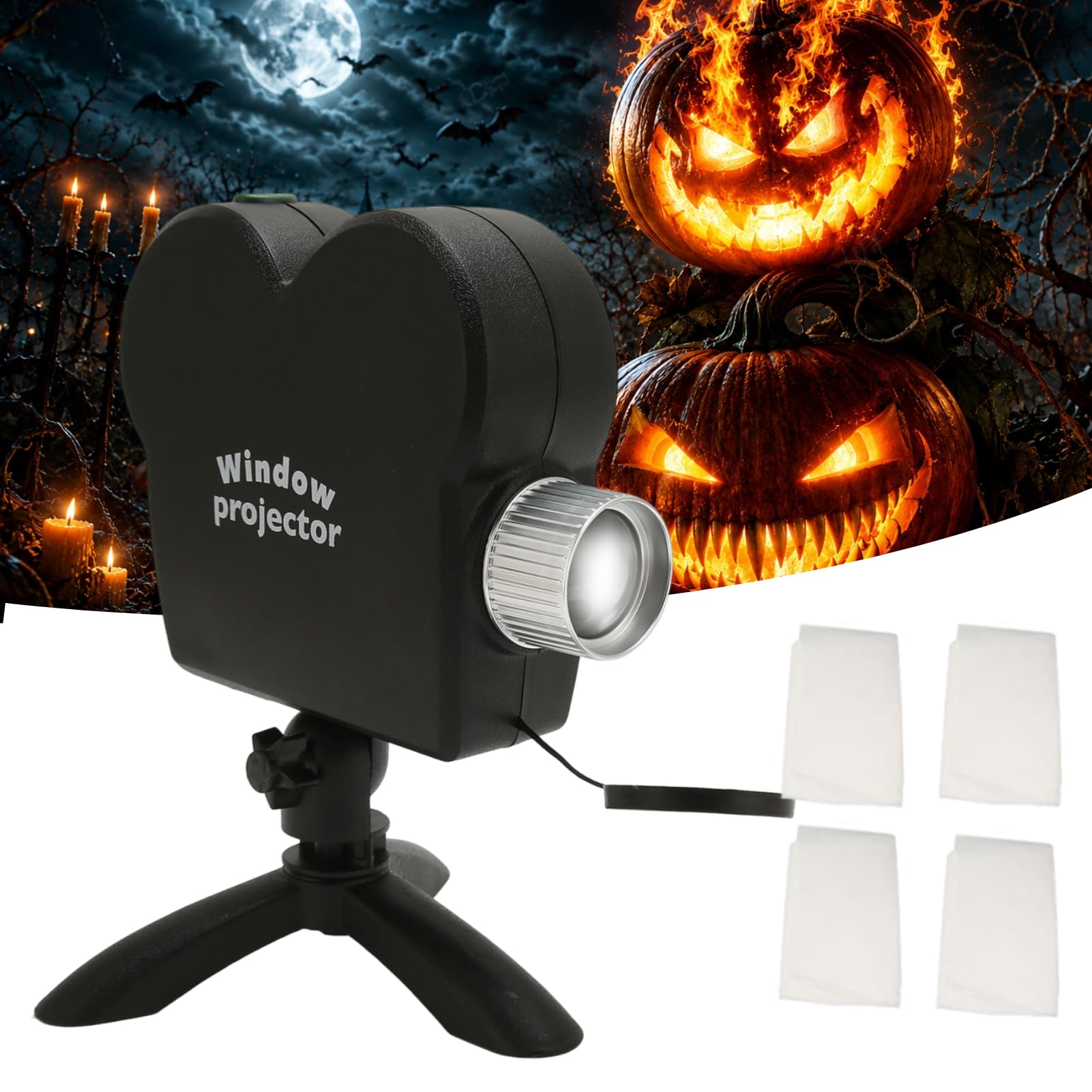 Halloween Projektor Fenster, Rückprojektor mit Stativ & 1,2x1,8m Projektionsleinwand, 6 Halloween & Weihnachts Motive, Horizontal/Vertikal Projektion für Fenster, Zuhause und Party Dekoration