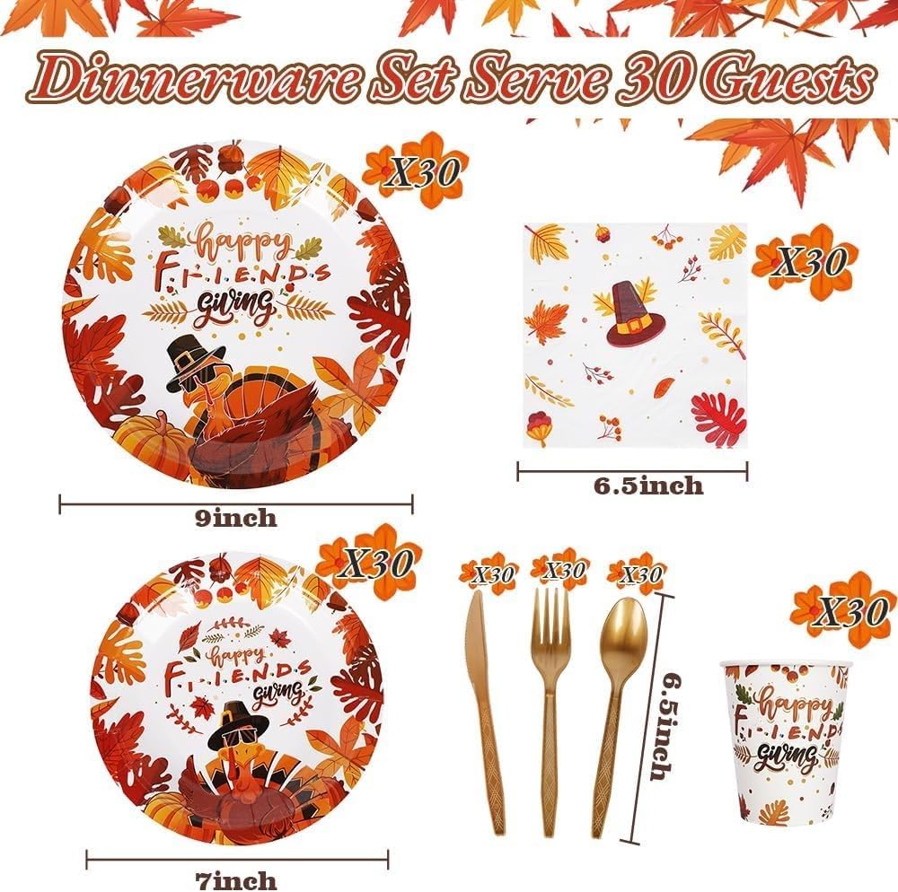 Thanksgiving Fall Party Supplies - 210 PCS Thanksgiving Paper Plates and Napkins Sets Pumpkins Disposable Dinnerware Set for Friends' gather Autumn Harvest Party Supplies Decorations, Serve 30 Guests