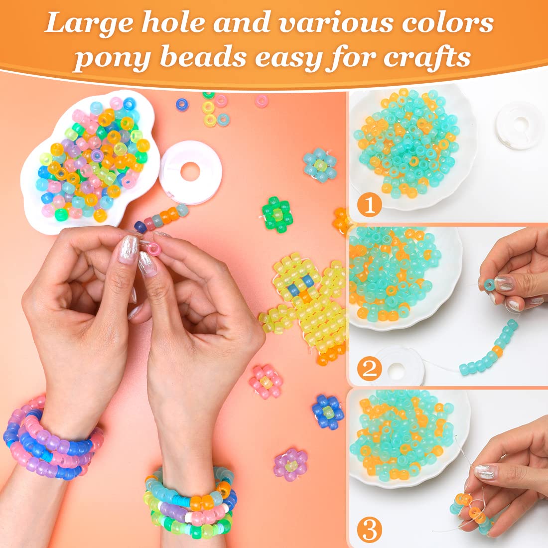 1000 Perline Pony Arcobaleno 9mm In Plastica - Perline Per Collane, Bracciali, Trecce Capelli E Creazioni Fai Da Te - Multicolore - 3