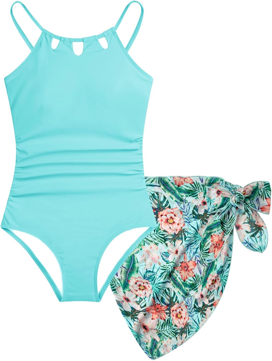 HOZIY Girls Swimsiut One-Piece Bathing Suit with Mesh Cover Ups Skirt Adjustable Straps Cut Out Swimwear Size 7-16