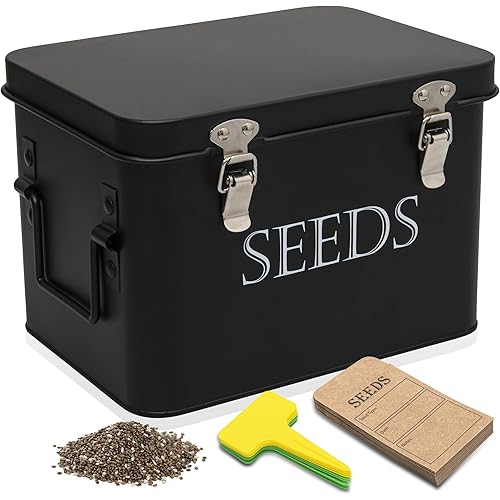Garden Seed Storage Box with Dividers Seeds Packet Organizer Case for Gardening 3 Inner Slot Bird Plant or Vegetable Seed Container Saver Tin – Black Galvanized Metal with Envelopes & Labels