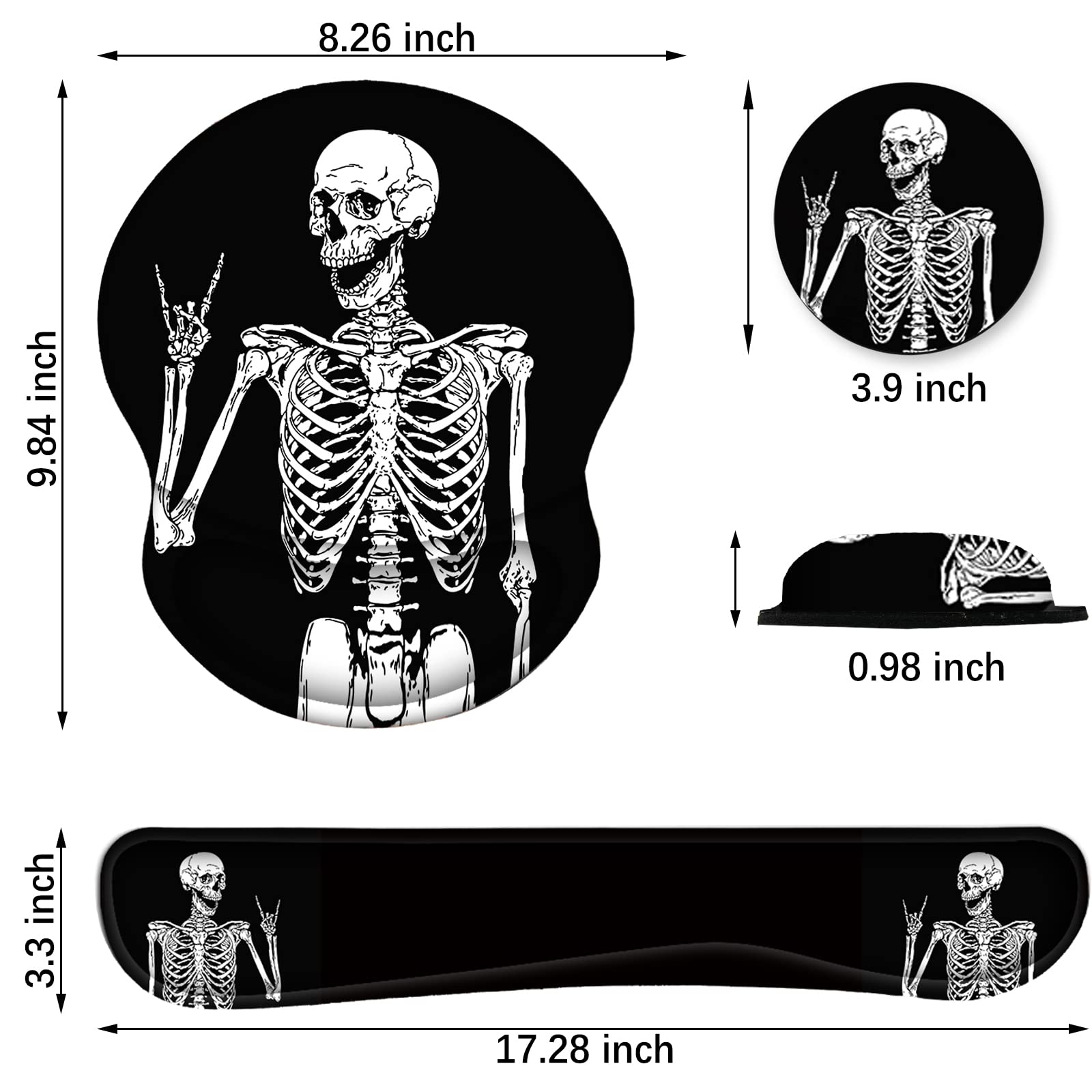 ArtSo Podkładka pod mysz klawiatura podkładka pod nadgarstek wsparcie ergonomiczna, ulepszona poduszka podkładka pod mysz żelowa pianka zapamiętująca kształt antypoślizgowa gumowa podstawa ulga w bólu i łatwe pisanie do domu, biura, ludzki szkielet czarna