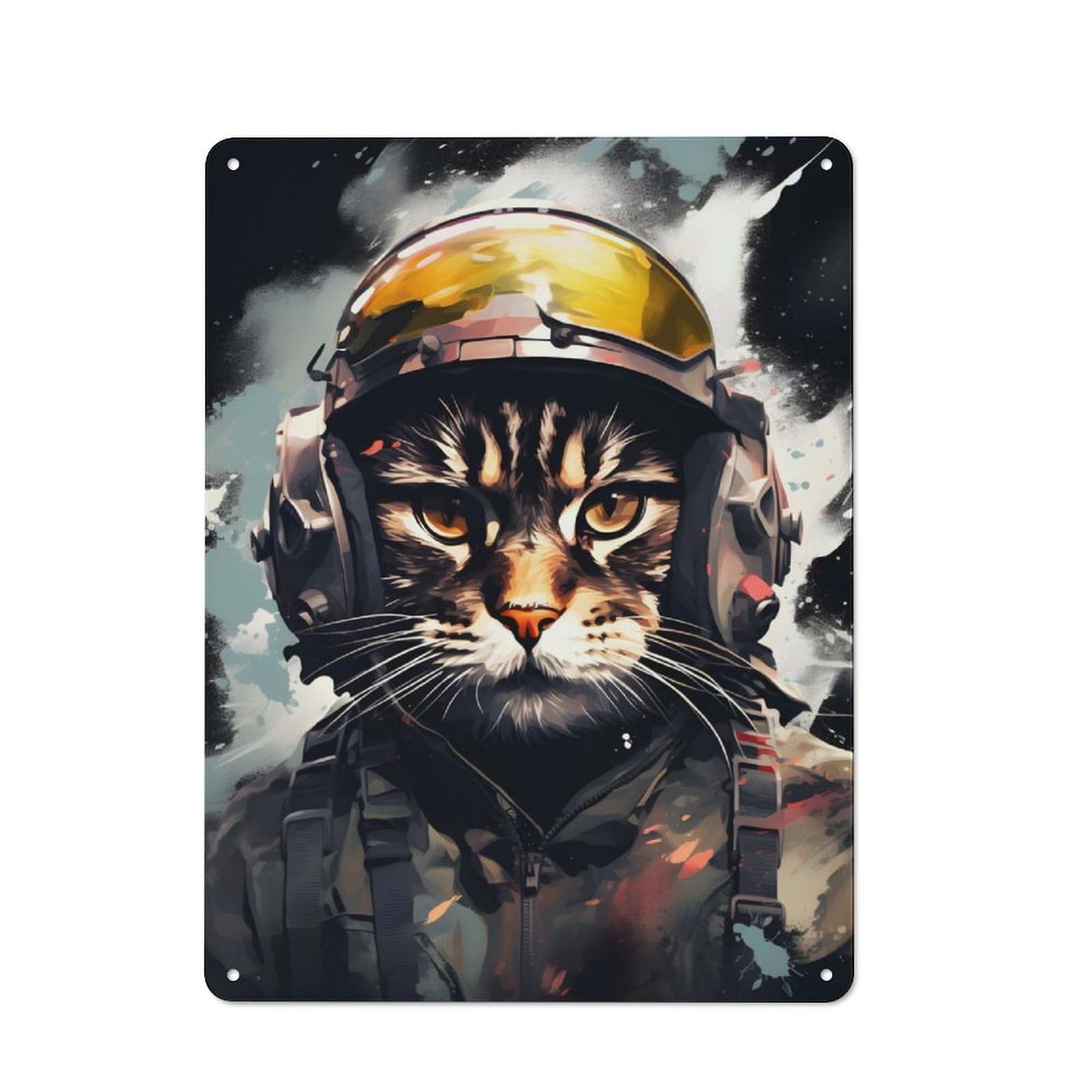 Tin Wall Plaque 40x30cm with Cat Fighter Pilot Painting for Living Room Or Hallway, A Decorative Christmas Gift for Home Wall Decor Collectors
