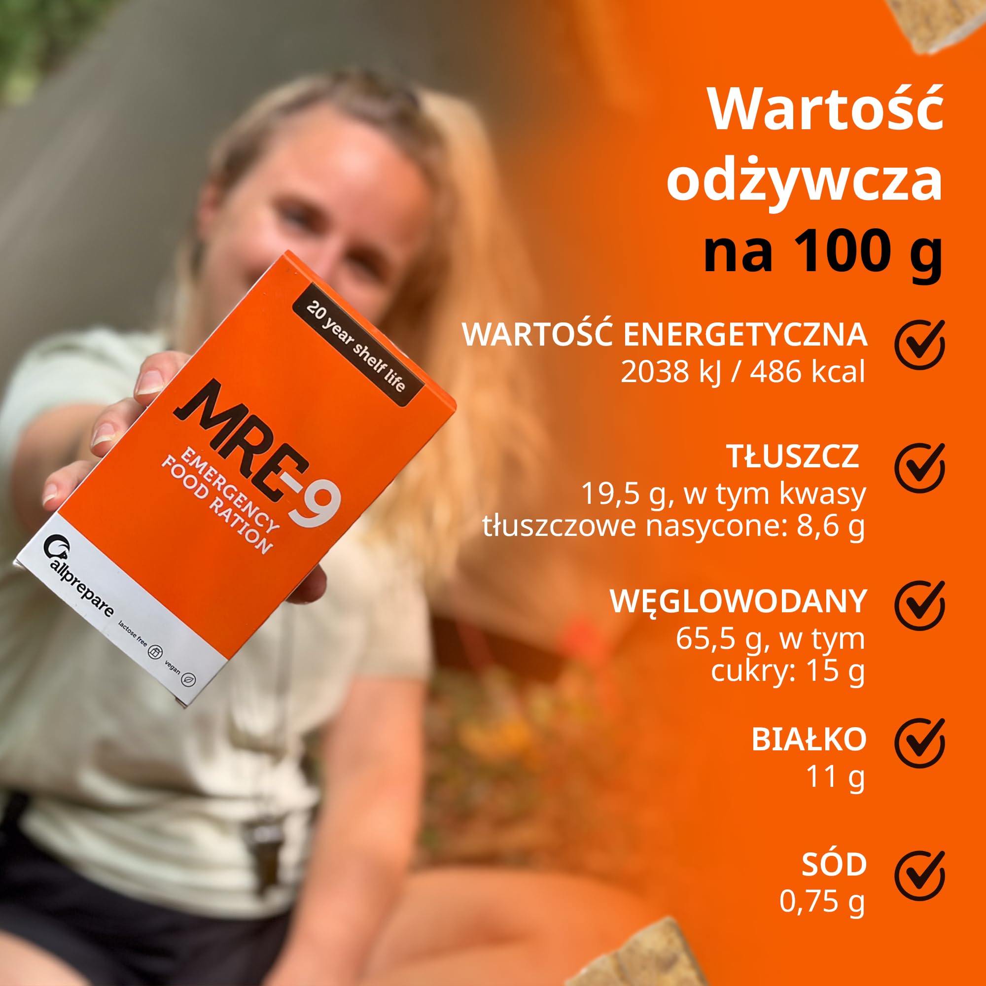 Allprepare MRE-9 | 24-dniowa racja awaryjna | 20-letni okres przydatności do spożycia | dodatkowe witaminy | 24x500g żywność awaryjna