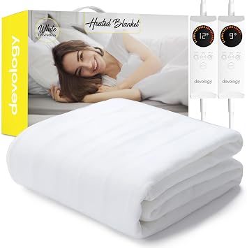 Electric Blanket - Fully Fitted Mattress Cover With Elastic Straps - Premium Fleece Easy Fit Heated Blanket - Detachable Dual Controllers & Machine Washable - Double - 135x190cm