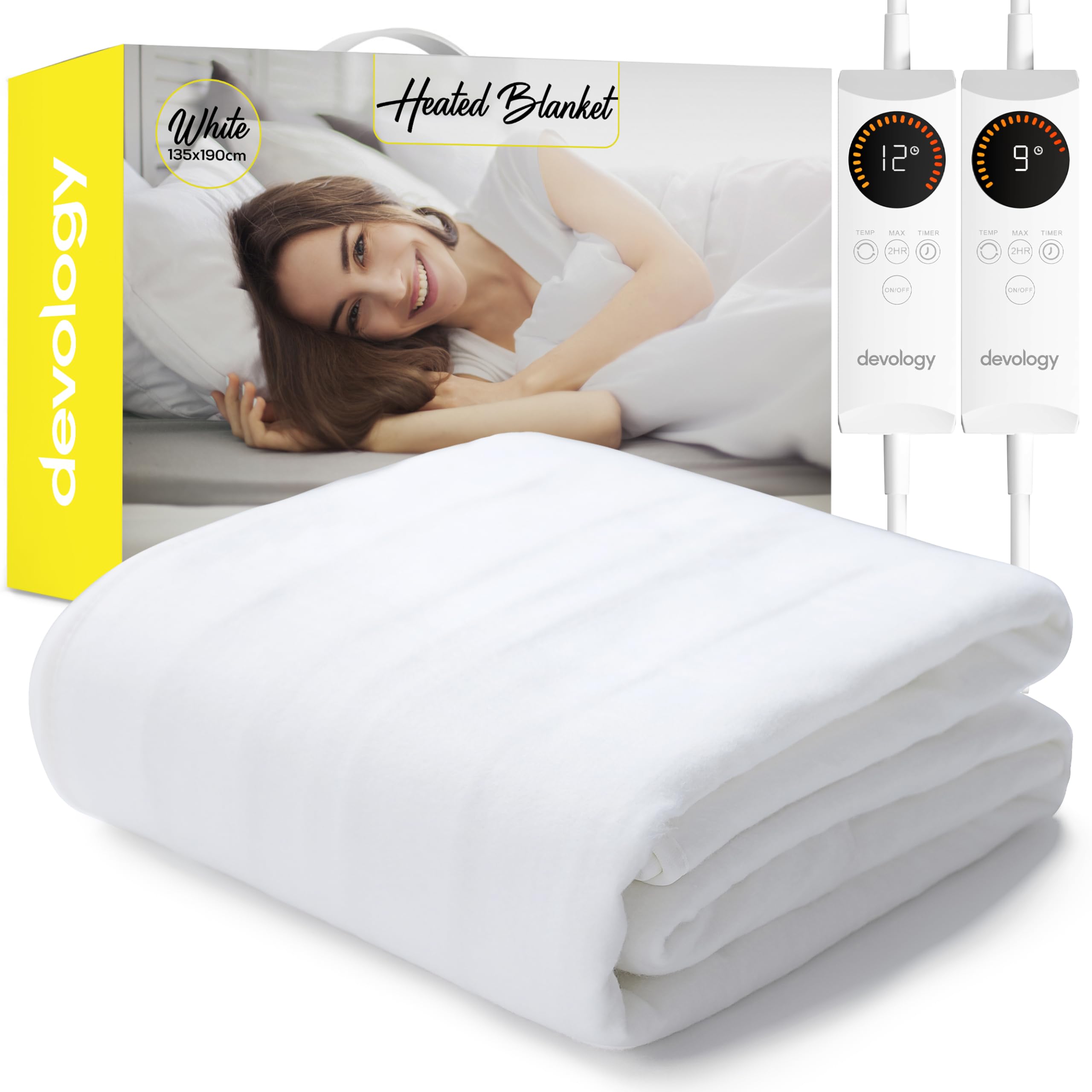 Electric Blanket - Fully Fitted Mattress Cover With Elastic Straps - Premium Fleece Easy Fit Heated Blanket - Detachable Dual Controllers & Machine Washable - Double - 135x190cm