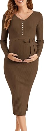 Ecavus Womens Winter Maternity Sweater Dress Long Sleeve V Neck Slim Fit Ribbed Knit Midi Bodycon Dresses with Belt