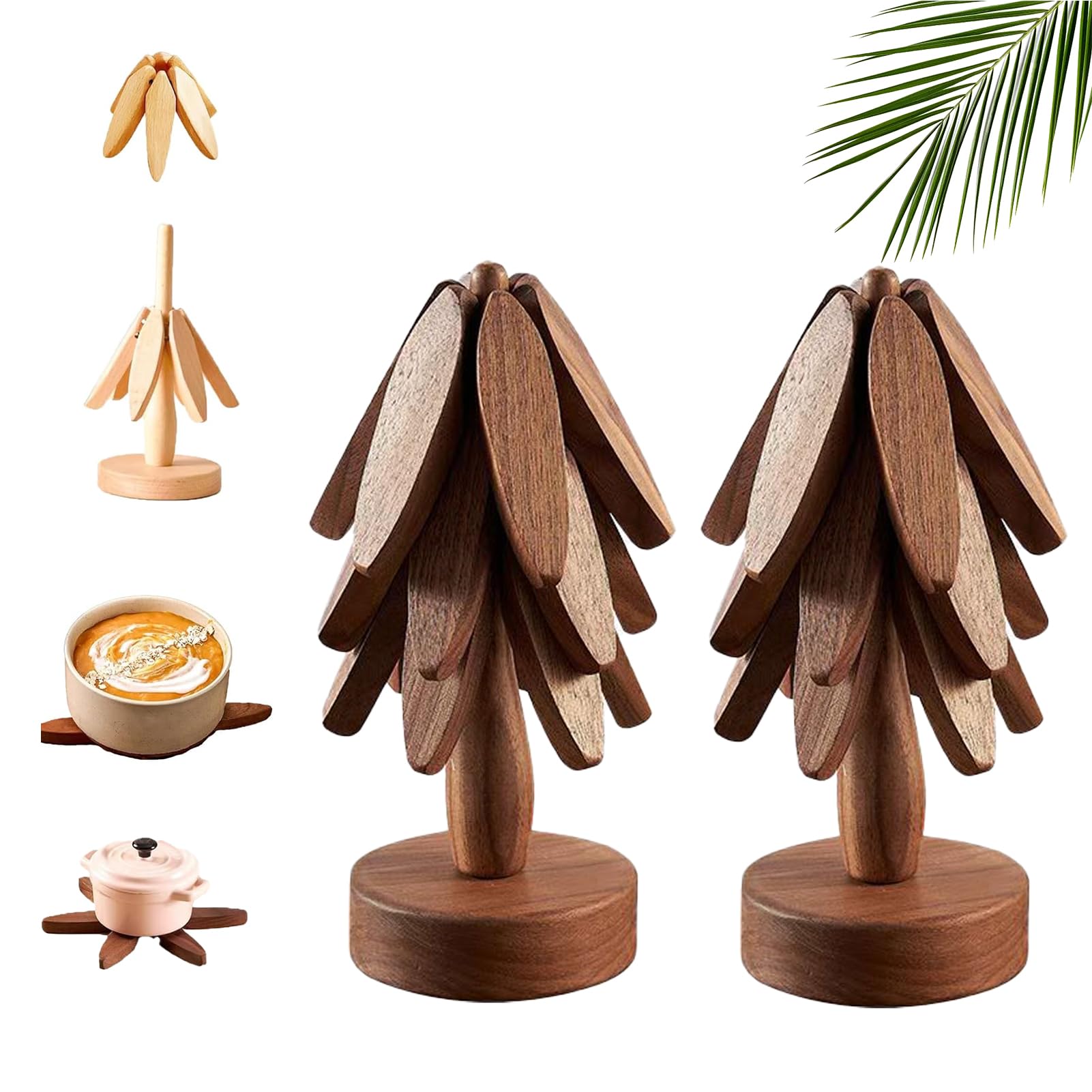Wooden Trivets for Hot Dishes, Wooden Tree Trivet Set, Folding Tree Shape Black Walnut Wood Table Mat, Trivets for Hot Pots and Pans, Non-Slip Pot Holders Heat Insulated Pad (2*Brown-3pcs)