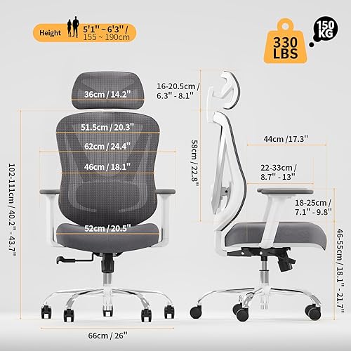 Miniatura 2 de Silla de oficina ergonómica de malla, soporte lumbar ajustable 3D y reposabrazos 3D, respaldo en forma de V, silla de escritorio ajustable para