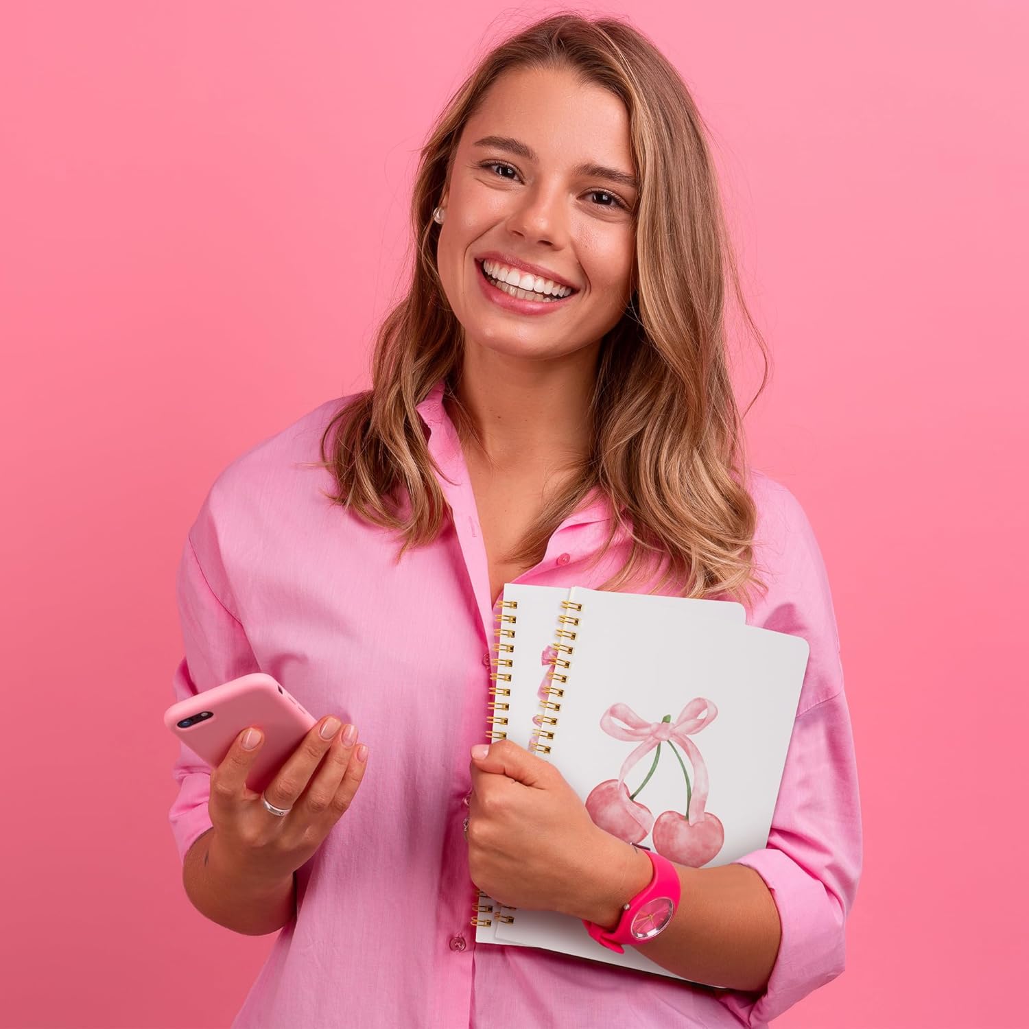 CNhoqc Pink Spiral Journal Notebook - 2pcs Pink Bow Cherry Watercolor Aesthetic College Ruled Lined Pages Hardcover Spiral Bound Journal Subject Notebook Work School Note Taking Removable Dividers - Image 6