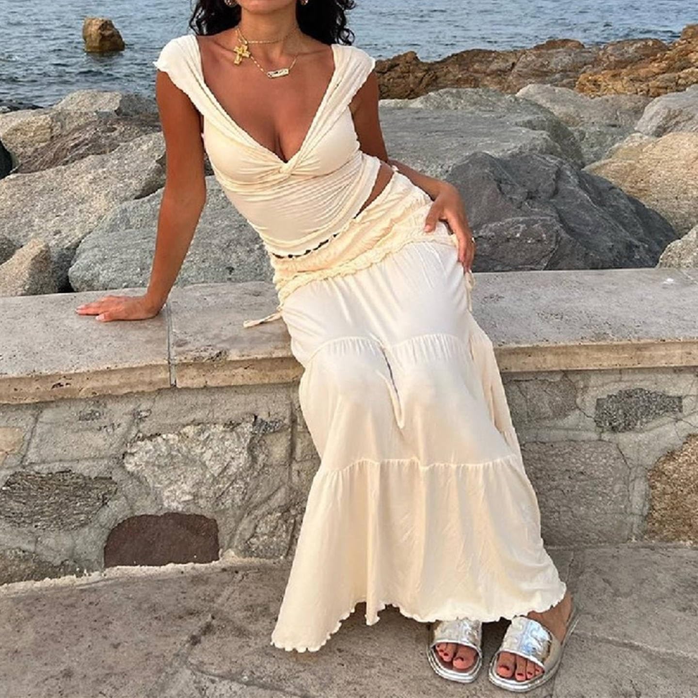Y2k Ensemble de jupe longue 2 pièces à volants sans manches pour femme avec haut court à volants et jupe longue fluide pour les vacances d'été, la plage, les sorties