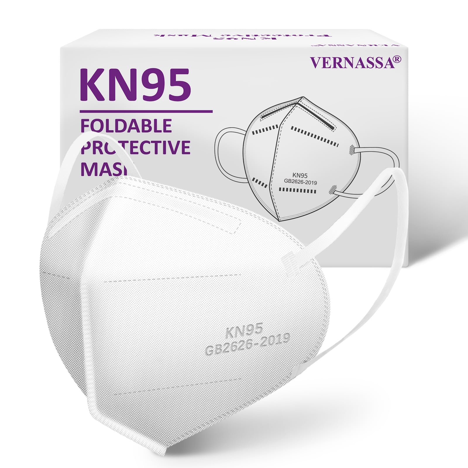 VERNASSA KN95 Face Mask 50 Pcs, 5-Ply Breathable KN95 Masks, Filter Efficiency≥95% Against PM2.5, Individually Wrapped, Disposable White Face Masks