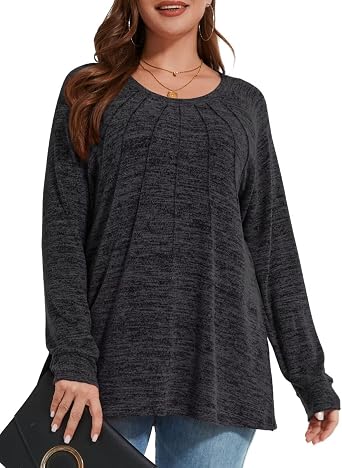 MONNURO Lightweight Sweatshirts for Women Plus Size Tunic Tops Long Sleeve Pleated Tops Crewneck Fall Blouse