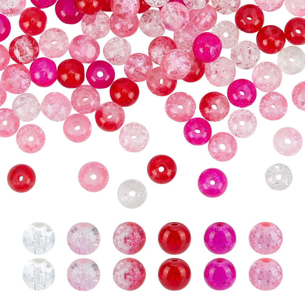HOBBIESAY 6 Colors 240Pcs Glass Crackle Beads 8mm Pink Red Crystal Round Bead Small Sea Summer Beads Craft Loose Spacer Bead for DIY Bracelets Earring Necklace Jewelry Making,Hole:1.3-1.6mm