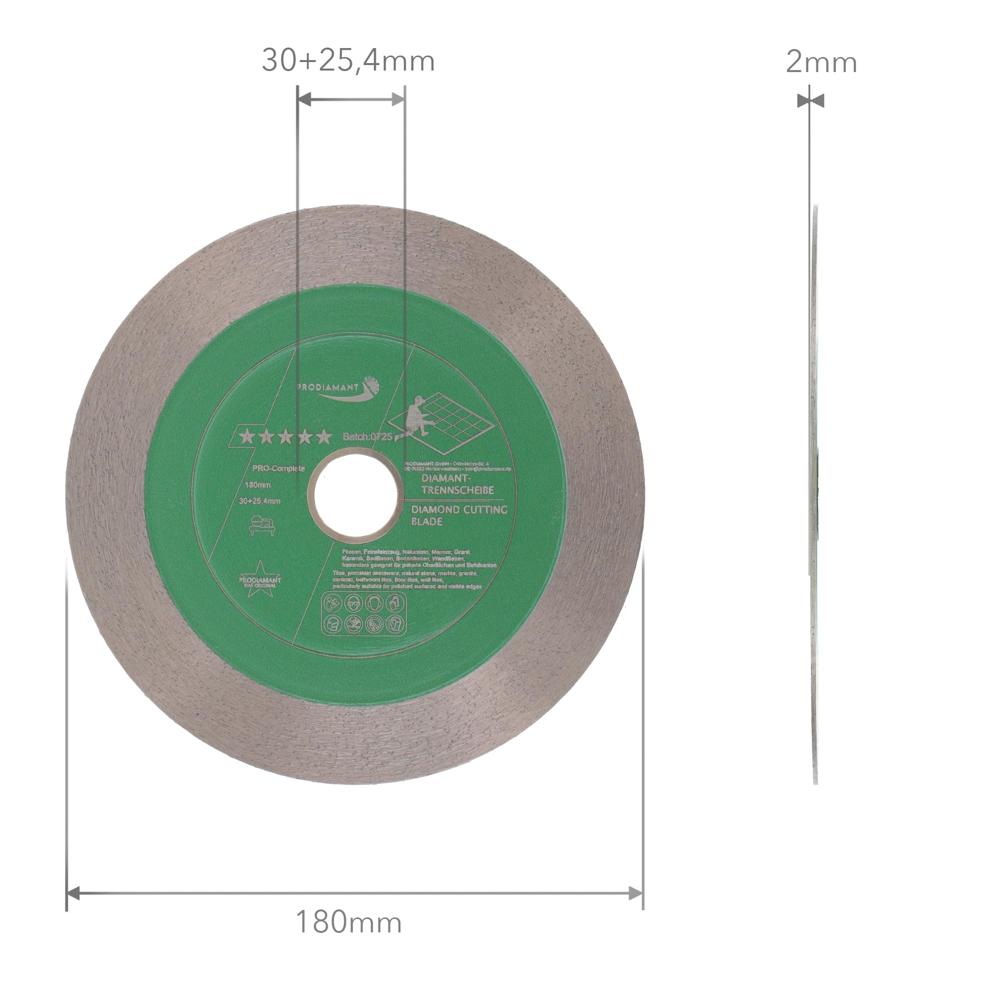 PRODIAMANT PRO-Complete Diamentowa tarcza do płytek, 180 mm x 30 mm, z pierścieniem redukcyjnym do 25,4 mm, do płytek, gresu porcelanowego, ceramiki, kamienia naturalnego – segment kanapkowy 25 mm