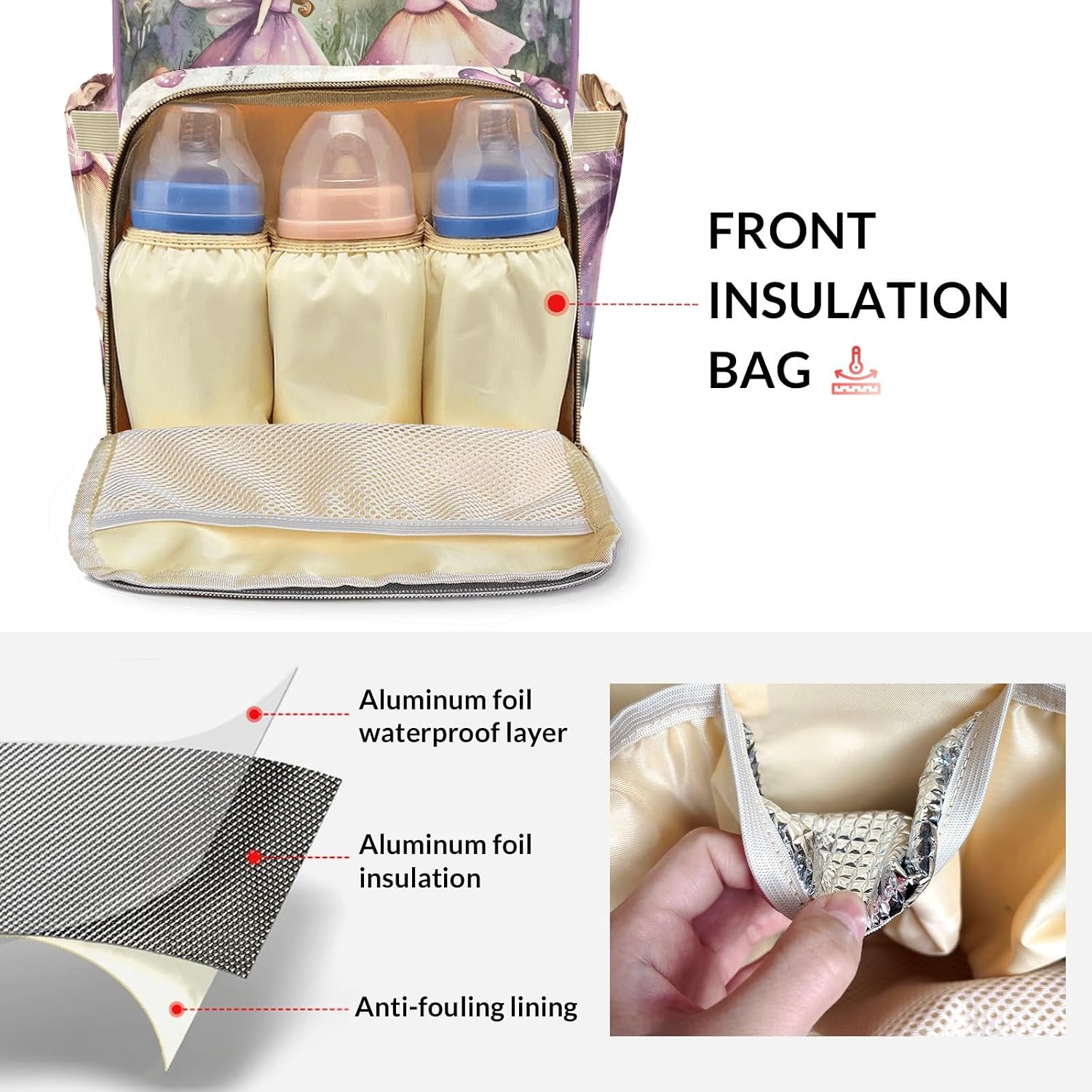 Customizable Large Capacity Butterfly Flower Cute Fairy Diaper Bag Personalized Name,Waterproof Multi-Function Mommy Bag with Thermal Pockets for Girls Boys