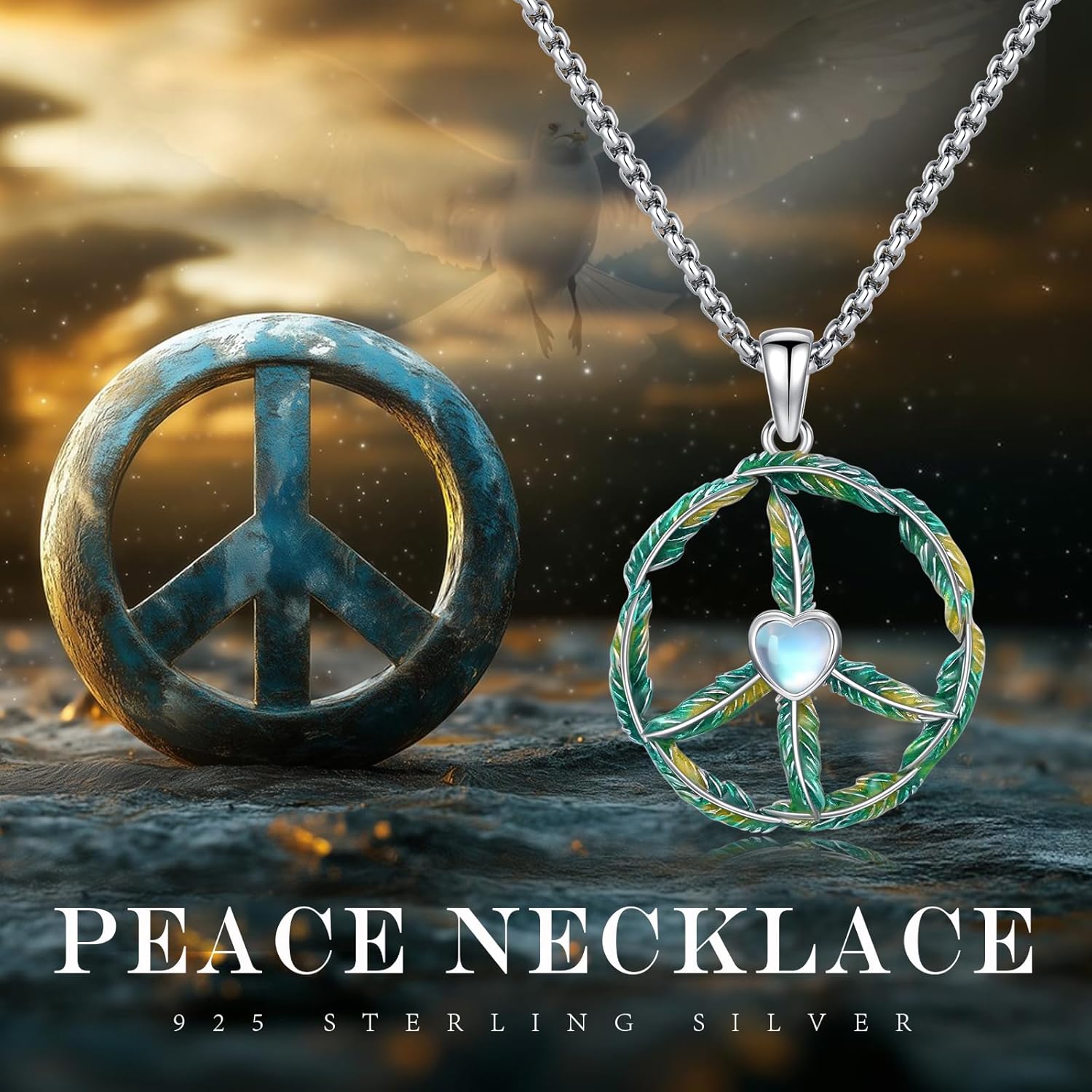 Peace Necklace 925 Sterling Silver Moonstone Peace Sign Necklace Feather Coexist Peace Symbol Jewelry Gifts for Women Men Birthday Christmas - Image 2